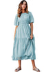 Puff Sleeve Pleated High Waist Flowy Long Dress